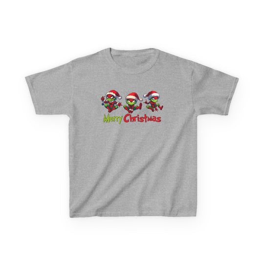 Spider Kids Tee: Heather-gray T-shirt with playful grinch-style characters in Santa hats and Merry Christmas in festive lettering, ideal for everyday wear.
