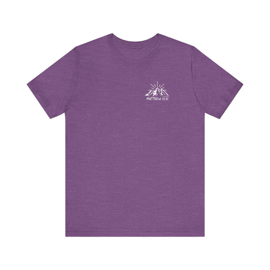 Unisex purple tee with white mountain logo, 100% cotton, retail fit, tear away label, ribbed knit collars, and dual side seams for lasting shape. Faith Can Move Mountains Tee by Worlds Worst Tees.