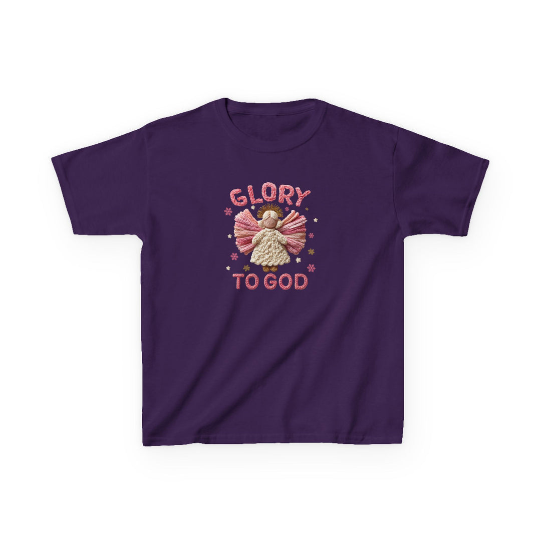 Purple Glory to God kids tee featuring an embroidered-look angel with stars, text above and below, made of durable, ethically sourced cotton for everyday wear.