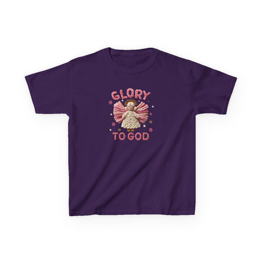 Purple Glory to God kids tee featuring an embroidered-look angel with stars, text above and below, made of durable, ethically sourced cotton for everyday wear.