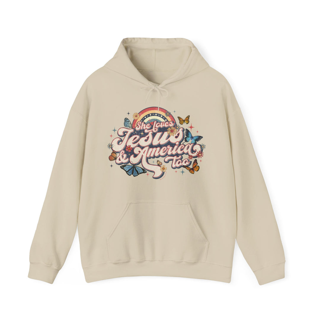 A white hoodie with a graphic design featuring butterflies and flowers. Unisex heavy blend for comfort, cotton-polyester mix, kangaroo pocket, and drawstring hood. She Loves Jesus and America Hoodie.