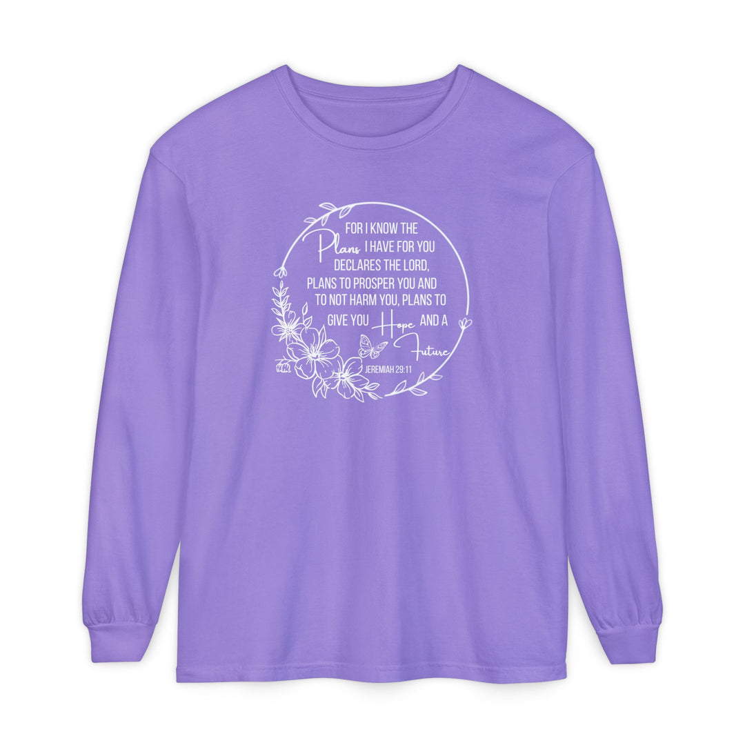 Lavender long-sleeve T-shirt featuring Jeremiah 29:11 in white circle with floral motif and butterfly. Made of 100% cotton for comfort and style.