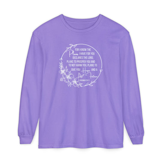 Lavender long-sleeve T-shirt featuring Jeremiah 29:11 in white circle with floral motif and butterfly. Made of 100% cotton for comfort and style.