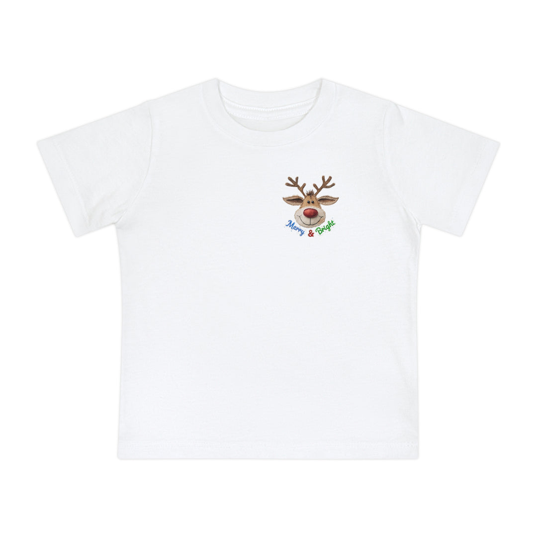 Merry and Bright Tee: A soft, white baby t-shirt with a smiling reindeer graphic and “Merry & Bright” text, ideal for stylish first steps.