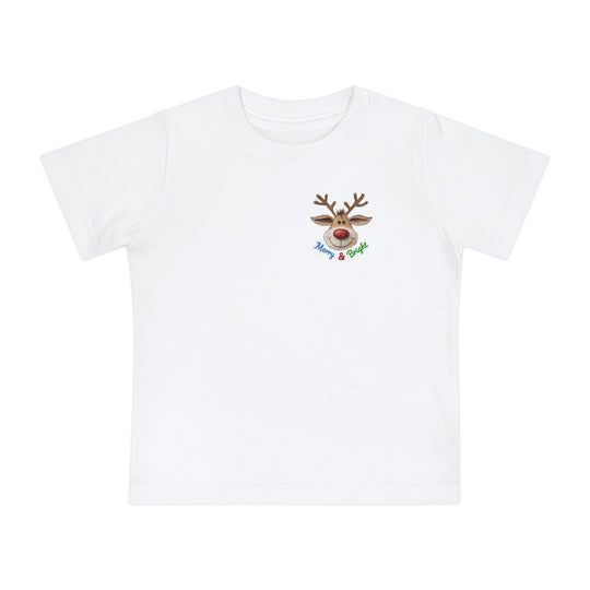 Merry and Bright Tee: A soft, white baby t-shirt with a smiling reindeer graphic and “Merry & Bright” text, ideal for stylish first steps.