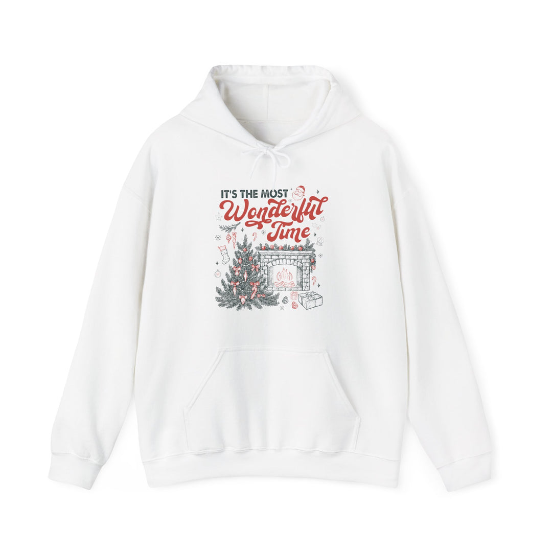 Most Wonderful Time of the Year Hoodie with festive scene, featuring Christmas tree, fireplace, and gifts, perfect for cozy holiday warmth and style.
