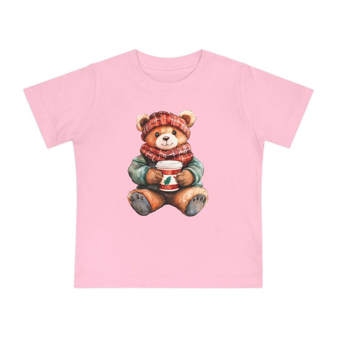 Light pink Old Money Baby Tee featuring a watercolor teddy bear in festive attire, holding a holiday cup, on soft, durable cotton for infants.