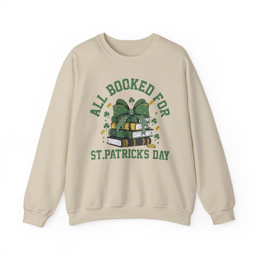 Booked Up for St. Patrick's Day Crew sweatshirt featuring a graphic of a stack of books with a bow, perfect for comfort and style.