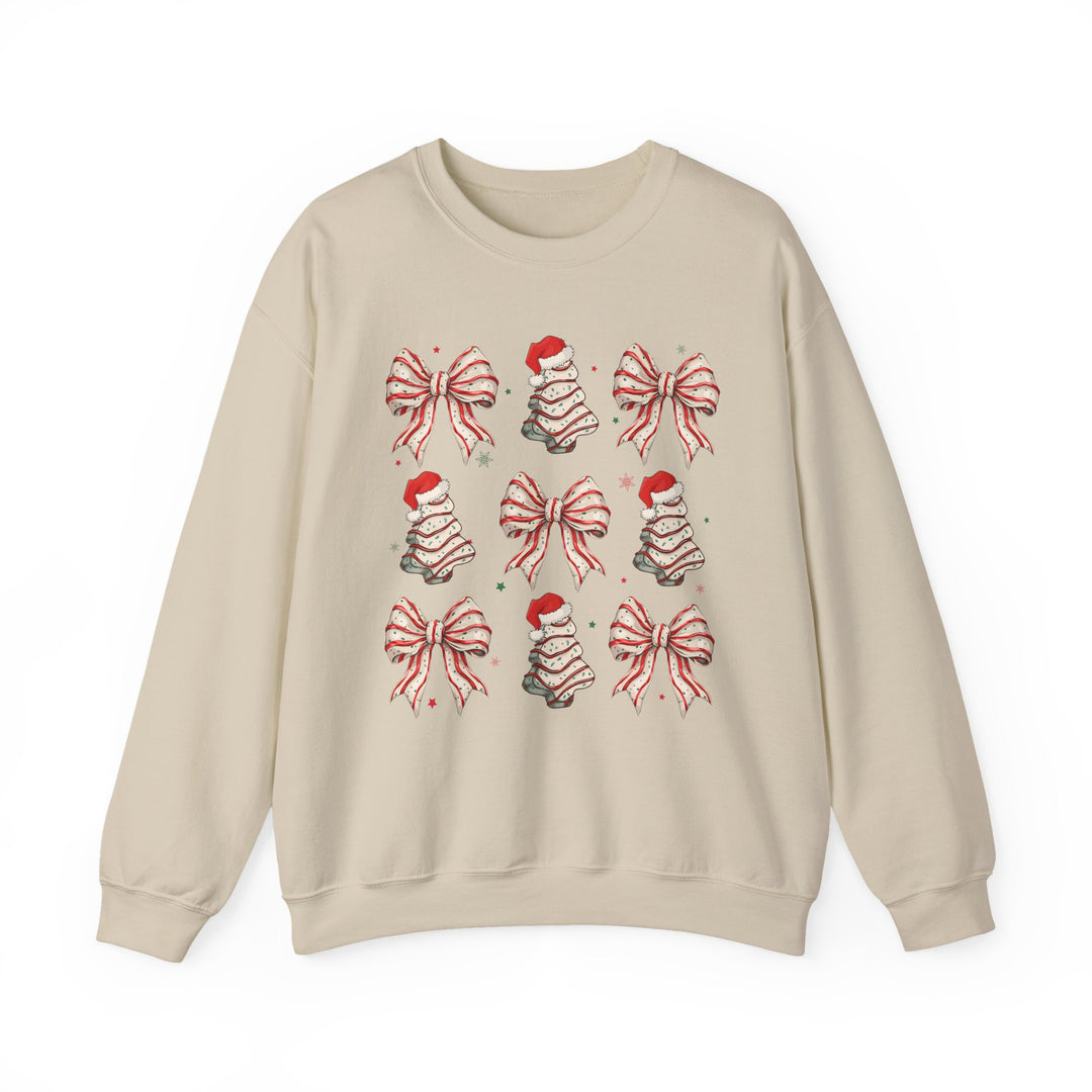 Cookies and Bows Crew: Light-beige crewneck sweatshirt featuring a festive grid of candy-cane-striped bows and Santa-hatted Christmas trees. Cozy and durable blend for holiday warmth.