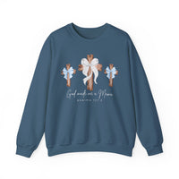 God Made Me a Boy Mama Crew sweatshirt featuring three rustic crosses with ribbons and scriptural text, crafted for comfort with a polyester-cotton blend.