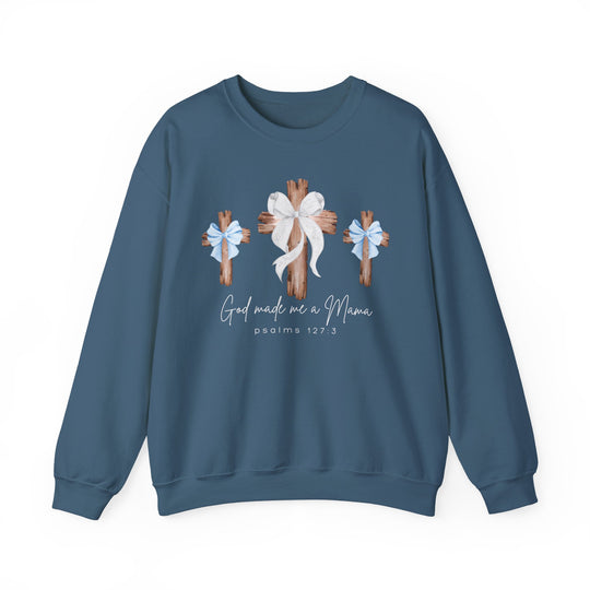 God Made Me a Boy Mama Crew sweatshirt featuring three rustic crosses with ribbons and scriptural text, crafted for comfort with a polyester-cotton blend.