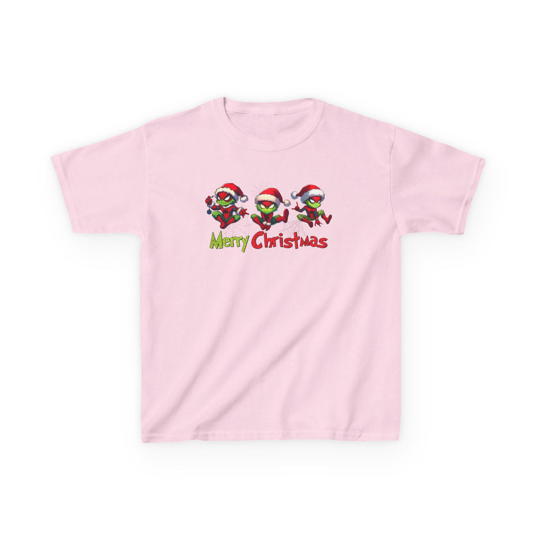 Pastel-pink Spider Kids Tee with three Grinch-style characters in Santa hats and Merry Christmas text. Perfect for everyday wear.