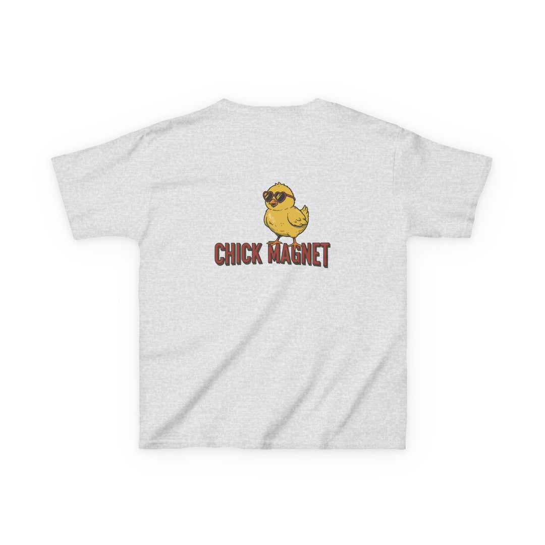 Chick Magnet Kids Tee featuring a cartoon chick in heart sunglasses with bold CHICK MAGNET text, perfect for kids' casual wear.