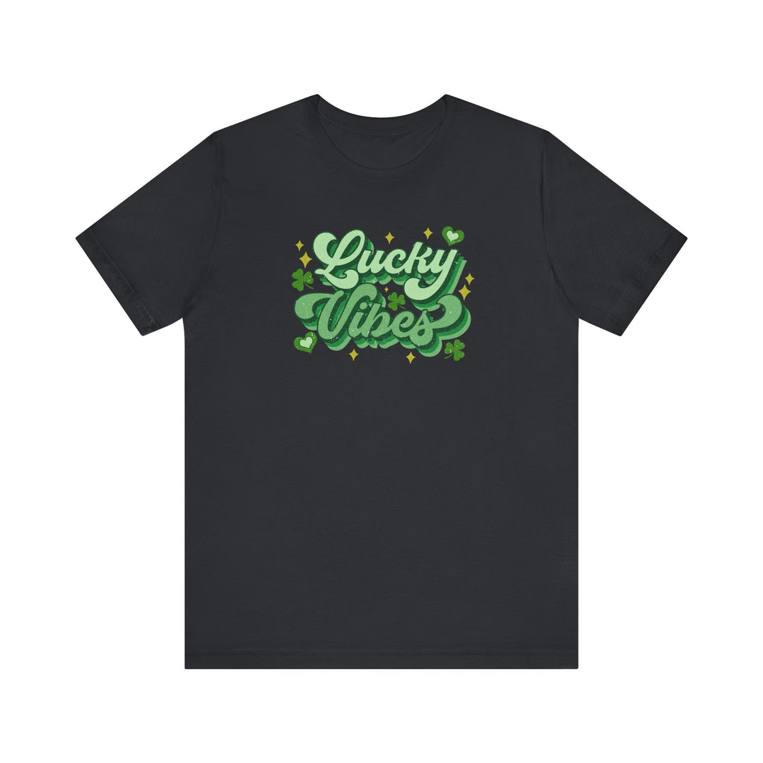 Good Day Lucky Day Tee: Black t-shirt featuring green text with stars and clovers, soft cotton, unisex fit, ribbed knit collar for shaping.