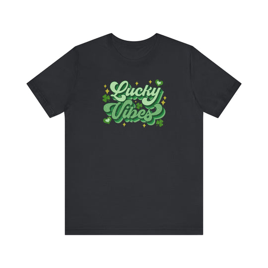 Good Day Lucky Day Tee: Black t-shirt featuring green text with stars and clovers, soft cotton, unisex fit, ribbed knit collar for shaping.