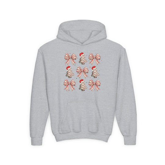 Cookies and Bows Youth Hoodie featuring festive bow and cookie grid design, ultra-soft fleece, kangaroo pocket; perfect for holiday cheer from Faith Family Designs.