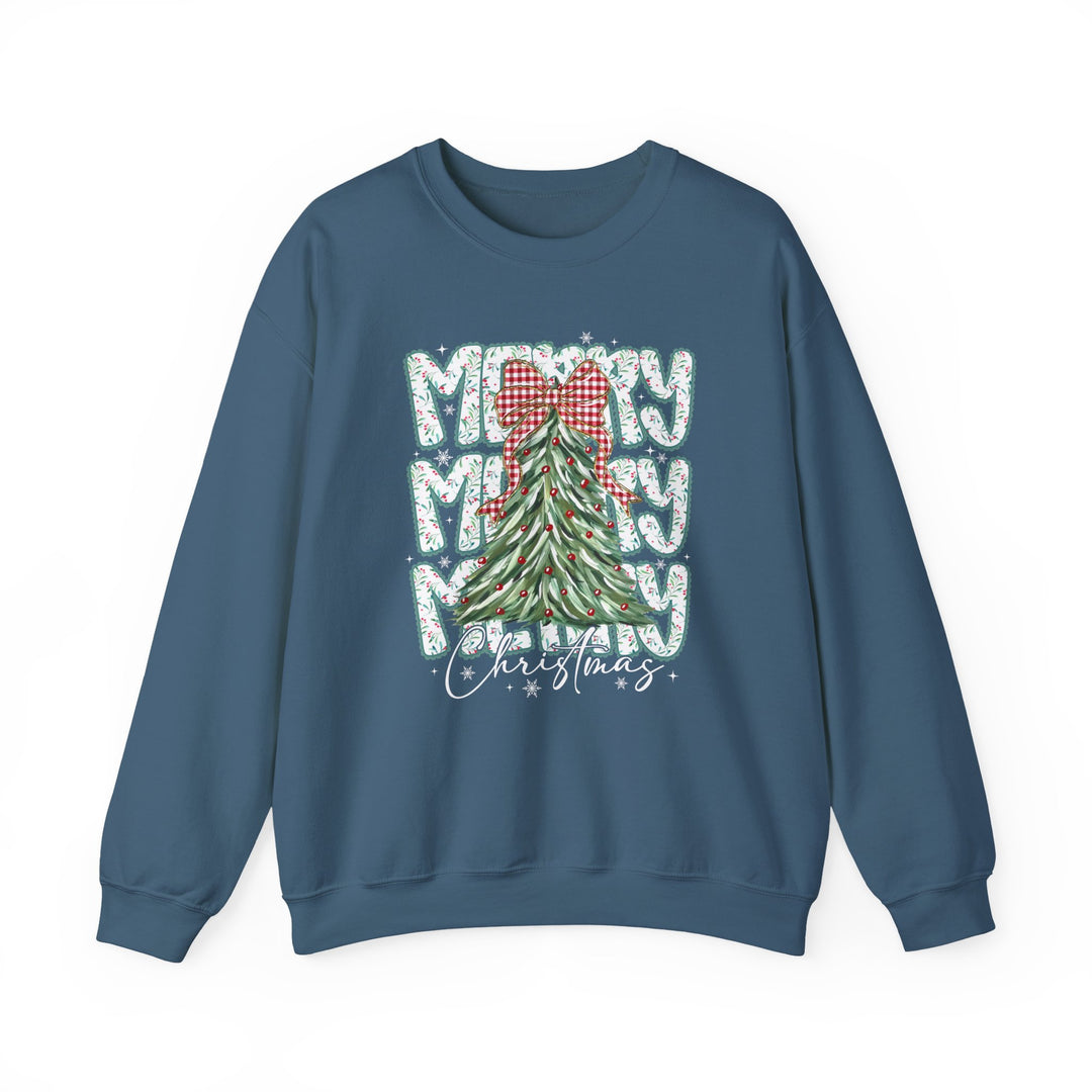 Blue crew-neck sweatshirt featuring MERRY MERRY MERRY around a decorated pine tree, perfect for festive occasions with cozy comfort and durable design.