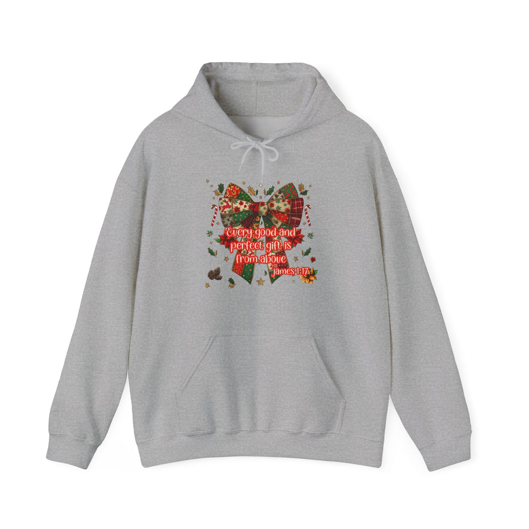 Light-gray pullover hoodie featuring a festive patchwork bow with holiday motifs and Bible verse Every good and perfect gift is from above, James 1:17.