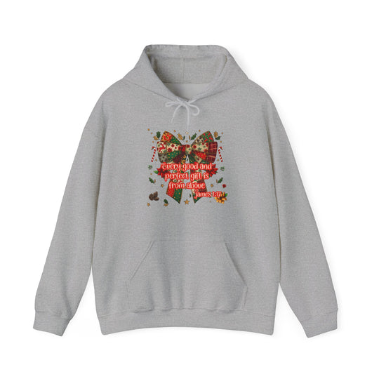 Light-gray pullover hoodie featuring a festive patchwork bow with holiday motifs and Bible verse Every good and perfect gift is from above, James 1:17.