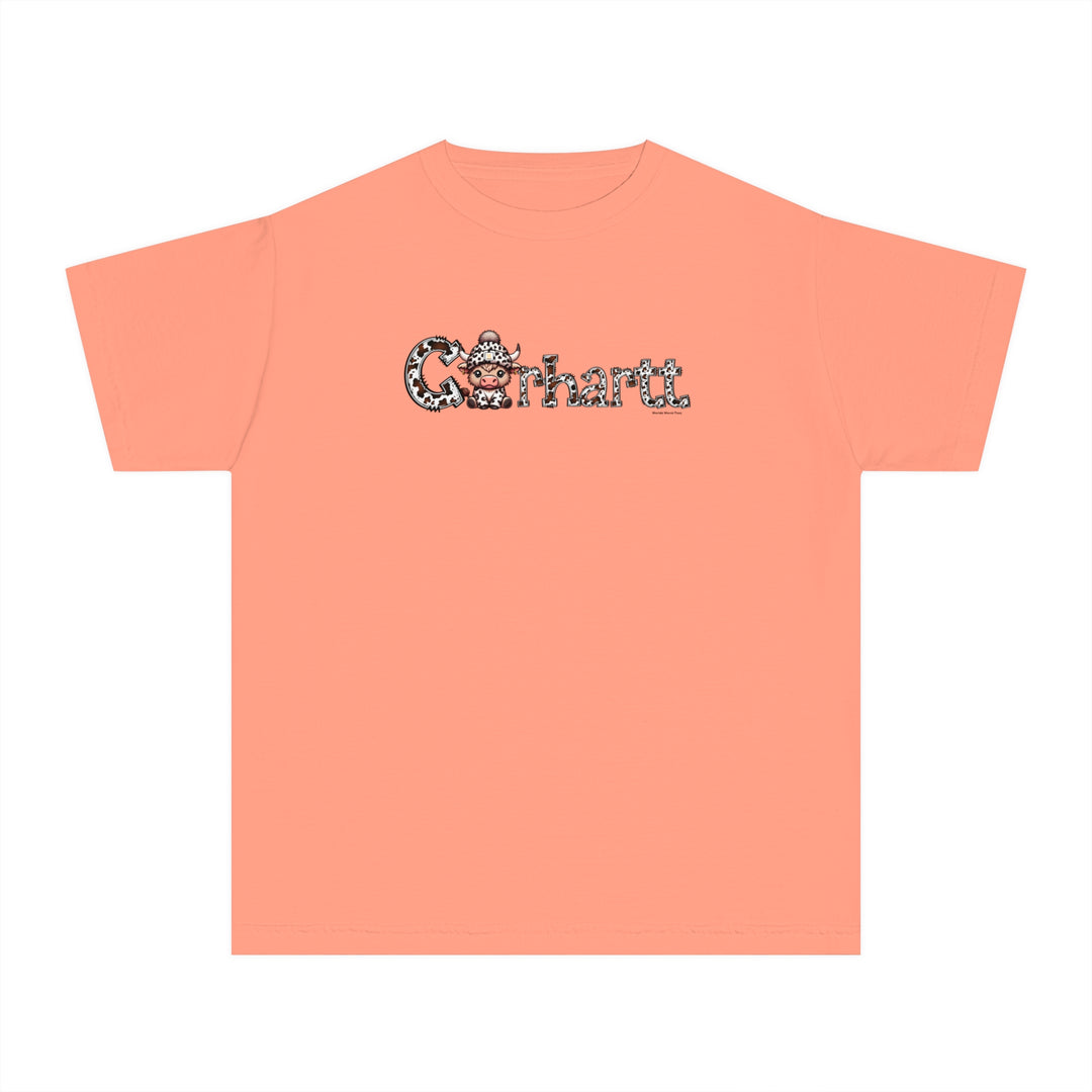 Cowhartt Cow Kids Tee: A playful t-shirt featuring a cartoon cow with a hat, perfect for active kids. Made of soft 100% cotton, light fabric, and a classic fit for all-day comfort.