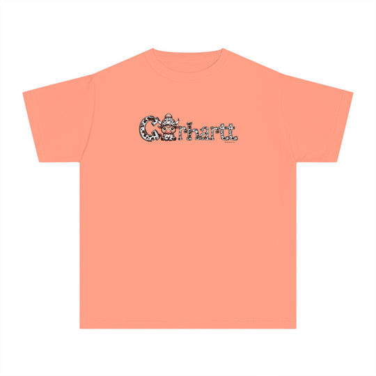 Cowhartt Cow Kids Tee: A playful t-shirt featuring a cartoon cow with a hat, perfect for active kids. Made of soft 100% cotton, light fabric, and a classic fit for all-day comfort.