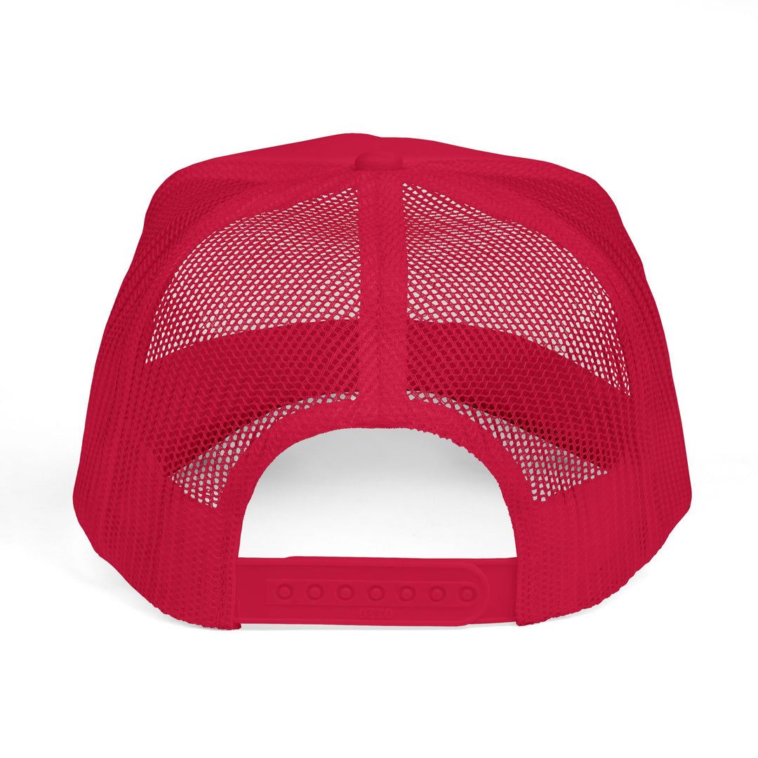 Back view of He's Hunting. Foam Trucker Hat, featuring a bright red mesh with adjustable snap-closure and ventilated panels, ideal for custom embroidery.