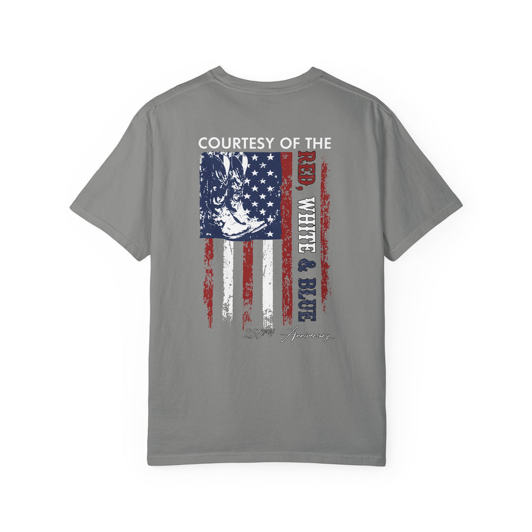 Heather-gray T-shirt featuring a distressed American-flag design with an eagle, Courtesy of the Red, White & Blue, and 250th Anniversary text.