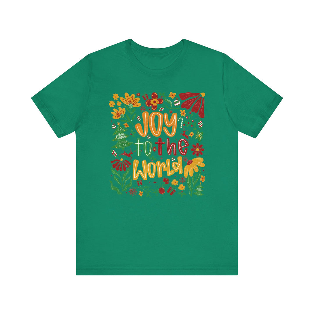 Joy to the World Tee featuring festive motifs like flowers, holly, and reindeer in vibrant colors, perfect for celebrating Christmas and winter festivities.