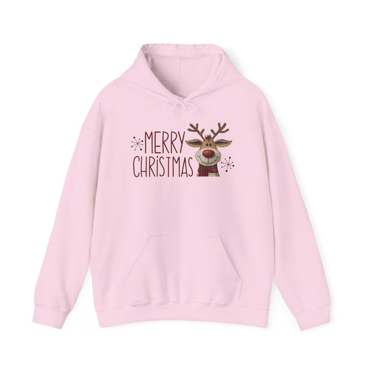 Merry Christmas Reindeer Hoodie featuring a smiling reindeer graphic with snowflakes and Merry Christmas text, on a light-pink pullover with kangaroo pocket and drawstring hood.