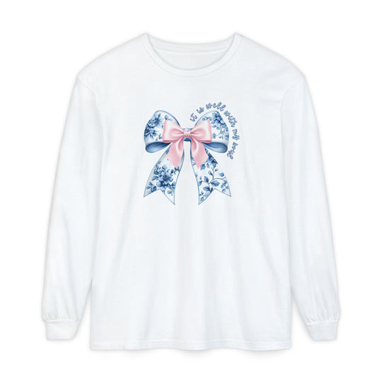 It is Well With My Soul Long Sleeve Tee featuring a large floral bow graphic and hand-lettered phrase, made of soft, 100% ring-spun cotton.