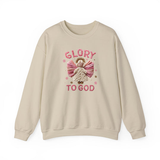 Light-beige crewneck sweatshirt featuring an angel with pink wings and GLORY TO GOD text, designed by Faith Family Designs for cozy, stylish wear.