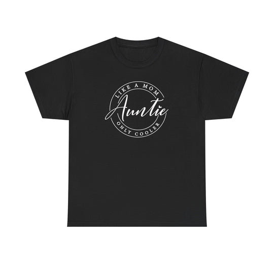 Auntie Tee: Black unisex cotton t-shirt featuring white text, ideal for casual wear, with enhanced printing quality and durable, seamless design.