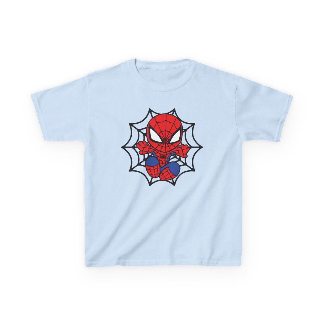 Spider Kid Kids Tee features a chibi Spider-Man on light-blue cotton, ideal for daily wear, offering durability with a soft touch.