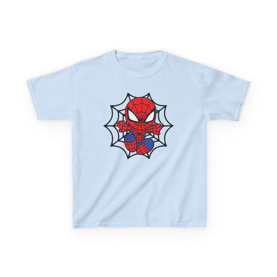 Spider Kid Kids Tee features a chibi Spider-Man on light-blue cotton, ideal for daily wear, offering durability with a soft touch.