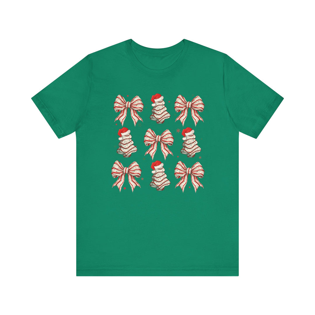 Cookies and Bows Tee: Green T-shirt featuring a 3x3 grid of festive motifs, including decorative bows and Santa-hat-topped trees, offering a playful holiday design.