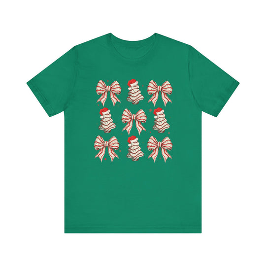 Cookies and Bows Tee: Green T-shirt featuring a 3x3 grid of festive motifs, including decorative bows and Santa-hat-topped trees, offering a playful holiday design.