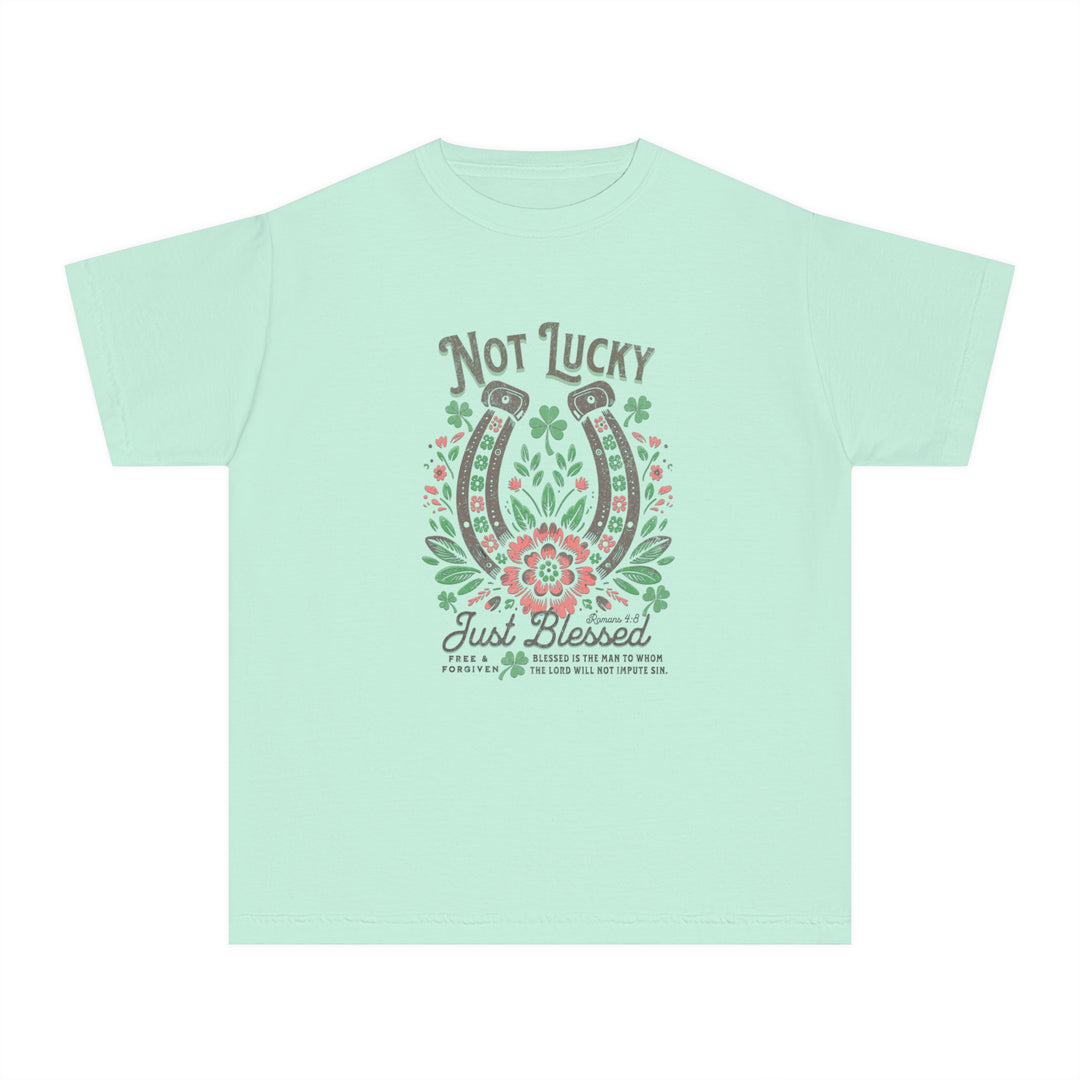 Blessed Tee: Kids' t-shirt featuring a graphic of horseshoes and flowers, crafted from 100% combed ring-spun cotton for comfort and agility in active schedules.