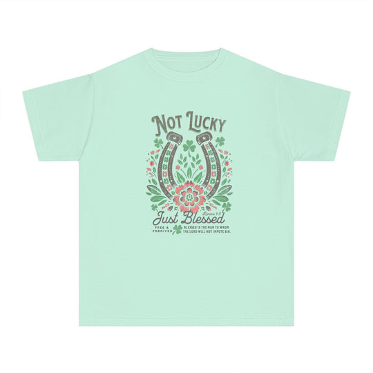 Blessed Tee: Kids' t-shirt featuring a graphic of horseshoes and flowers, crafted from 100% combed ring-spun cotton for comfort and agility in active schedules.
