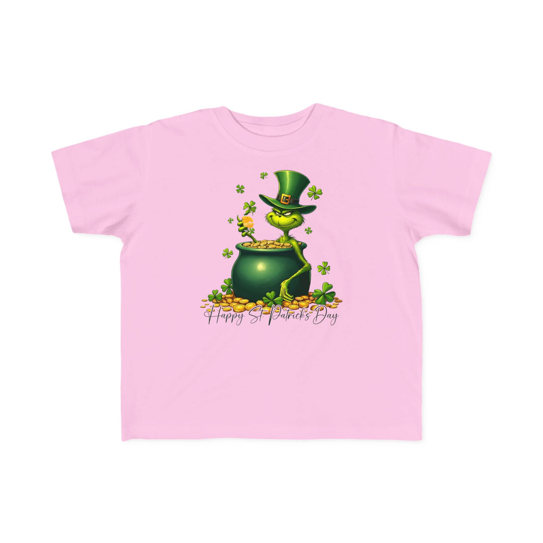 Grinchy St Patrick's Day Toddler's Tee featuring a cartoon leprechaun in a green pot of gold, designed for comfort and durability.