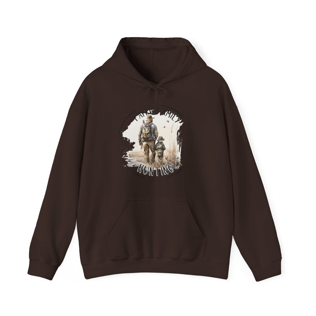 A brown Faith Family Hunting Hoodie featuring a man riding a horse and a dog. Unisex heavy blend, 50% cotton, 50% polyester, kangaroo pocket, classic fit. Ideal for warmth and comfort.