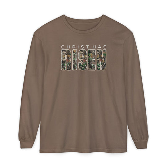 Christ has Risen Long Sleeve Tee in earth tones, featuring CHRIST HAS RISEN with camouflage detail, made from 100% ring-spun cotton for softness and style.