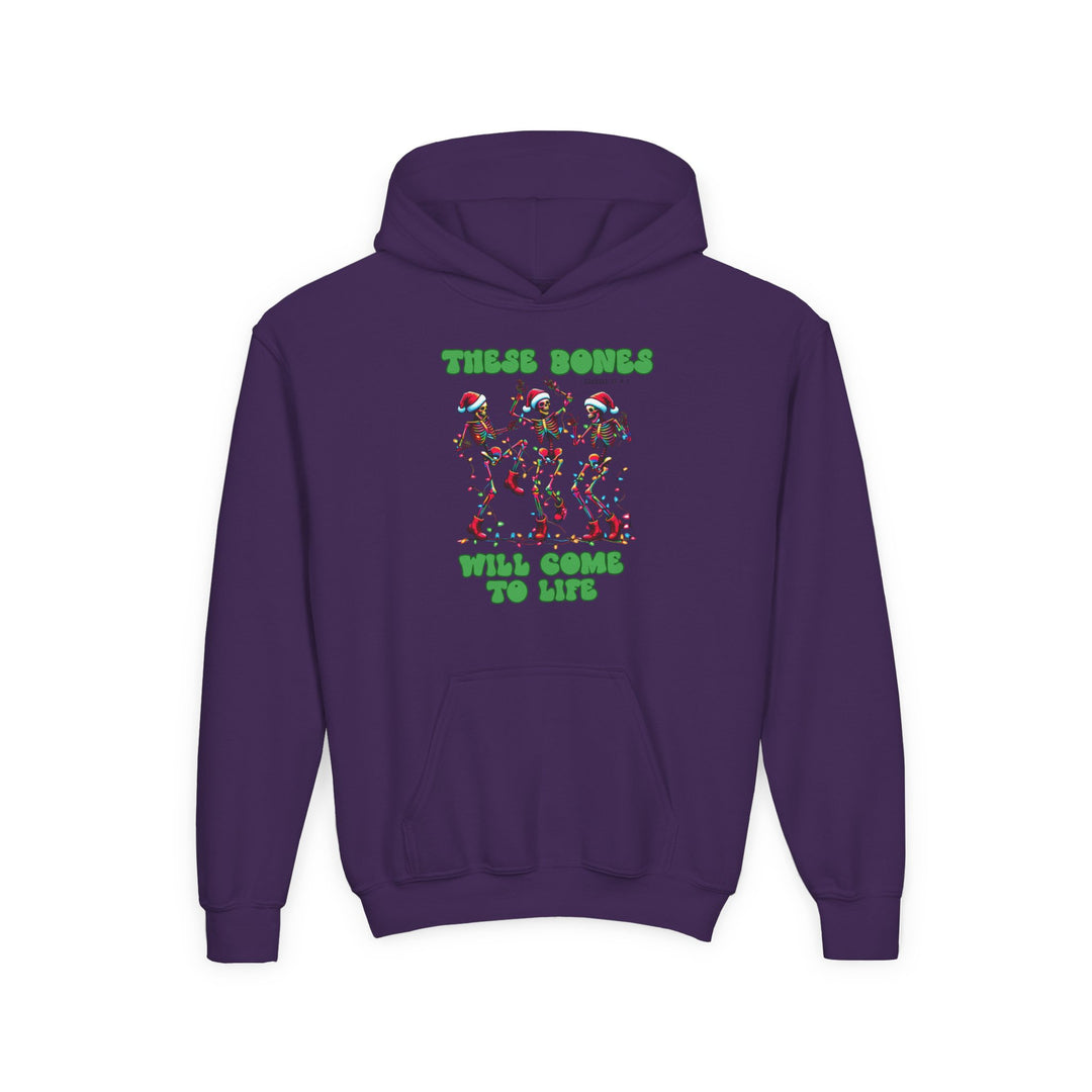 Bones Come to Life Youth Hoodie: Purple hoodie with dancing skeletons in Santa hats, adorned with Christmas lights and green text. Made of soft, preshrunk fleece.