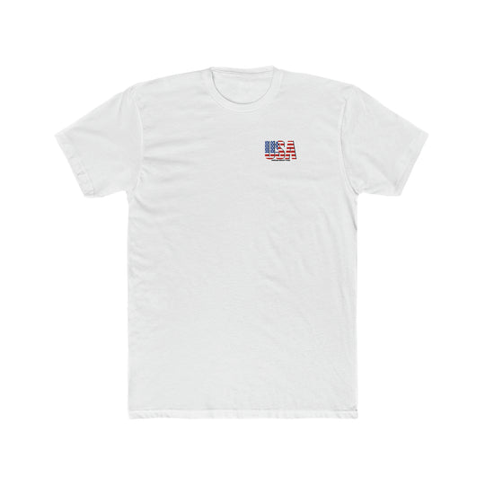 A premium fitted white tee with a logo, ideal for workouts or daily wear. Made of 100% combed, ring-spun cotton, light fabric, tear-away label, and a statement print. Sizes XS to 4XL.