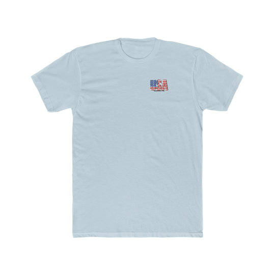A premium United We Stand Tee, featuring a logo with stars and stripes on a white t-shirt. Comfy, light, 100% cotton fabric with a tear-away label, ideal for workouts or daily wear.
