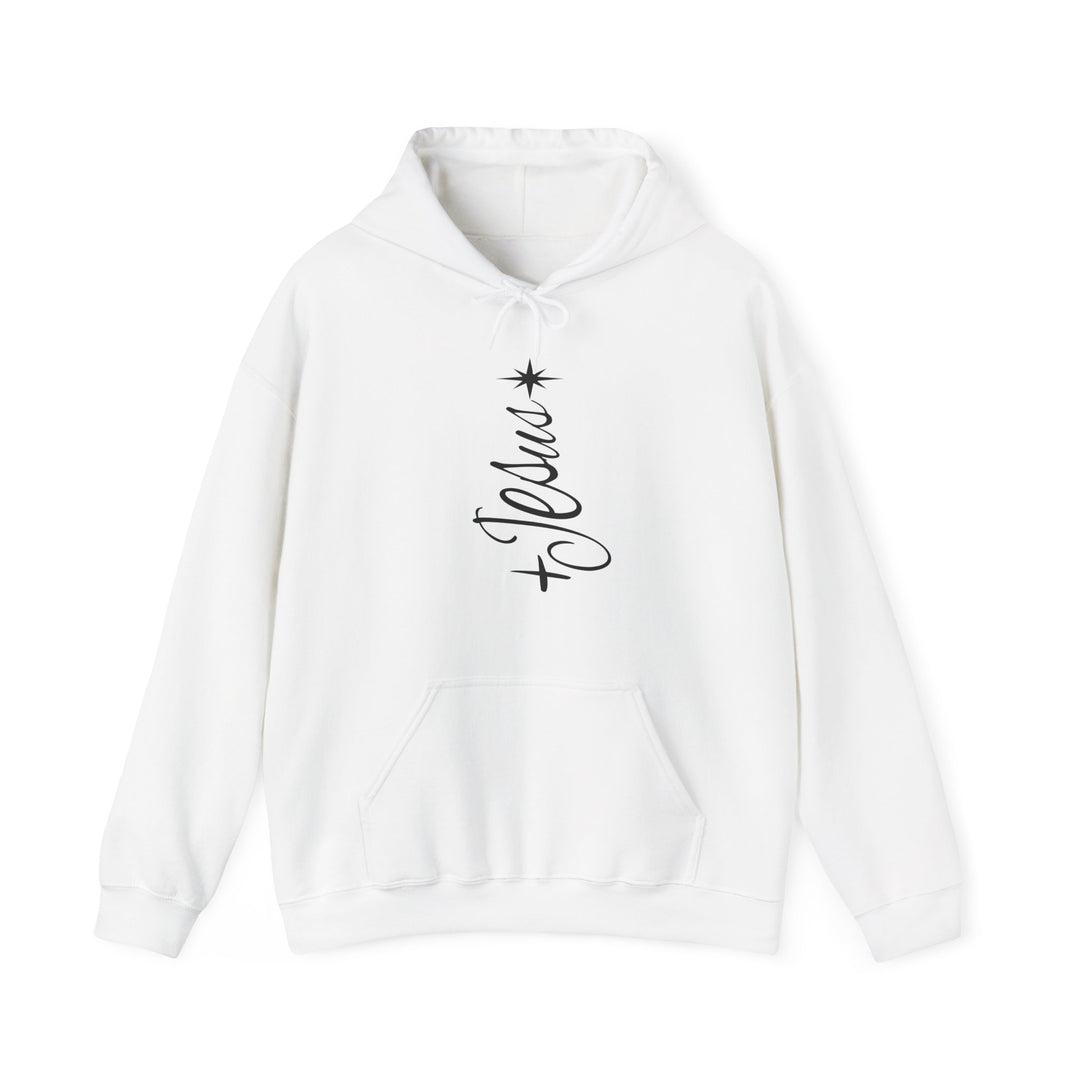Jesus Tree Hoodie featuring a vertical design with an eight-pointed star and 'Jesus' script with a cross, on a cozy white pullover with kangaroo pocket.