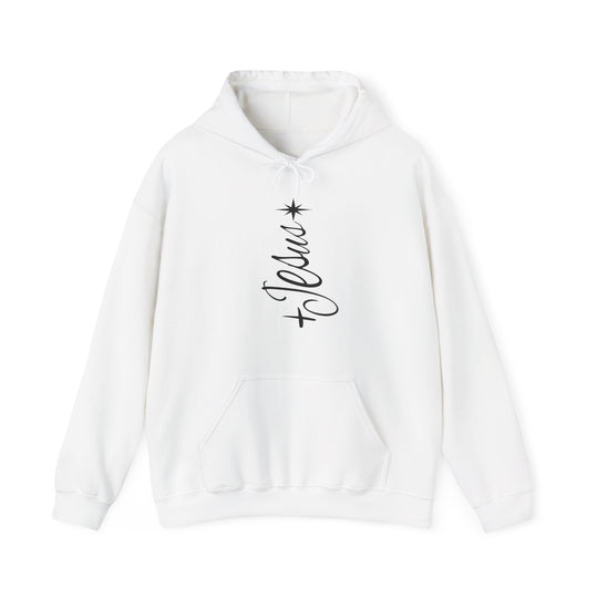 Jesus Tree Hoodie featuring a vertical design with an eight-pointed star and 'Jesus' script with a cross, on a cozy white pullover with kangaroo pocket.