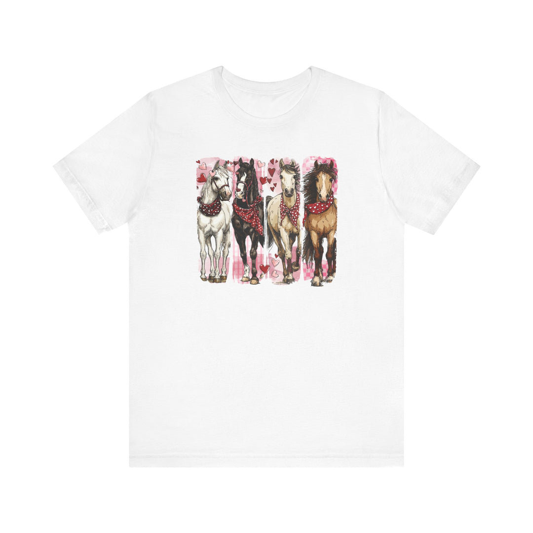 Horse Valentine Tee featuring four horses with red heart bandanas on a soft cotton unisex T-shirt, ideal for lovers of whimsical designs.