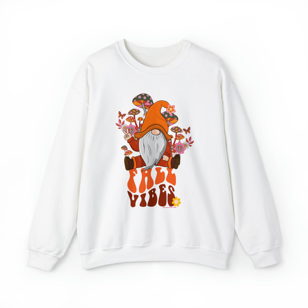 A white sweatshirt featuring a cartoon gnome with a peace sign, embodying Fall Vibes Crew by Worlds Worst Tees. Unisex heavy blend, loose fit, ribbed knit collar, 50% cotton, 50% polyester.