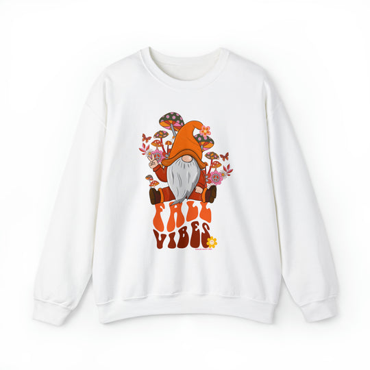 A white sweatshirt featuring a cartoon gnome with a peace sign, embodying Fall Vibes Crew by Worlds Worst Tees. Unisex heavy blend, loose fit, ribbed knit collar, 50% cotton, 50% polyester.
