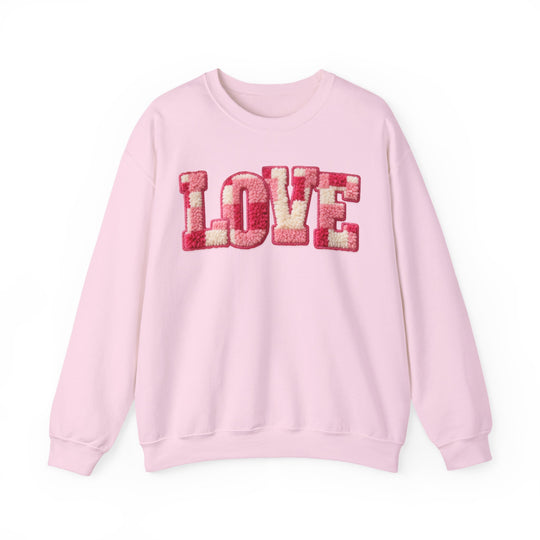 Love Crew sweatshirt with LOVE in chenille texture on chest, combining comfort with style. Made from a polyester-cotton blend, suitable for any occasion.